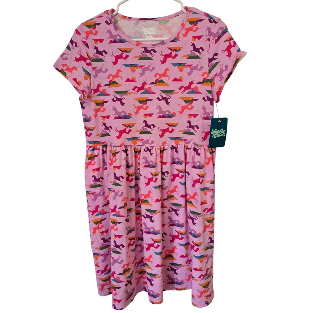 Wonder Nation Girls Pink Unicorn Print Short Sleeve Play Dress Size XXL 18 NWT